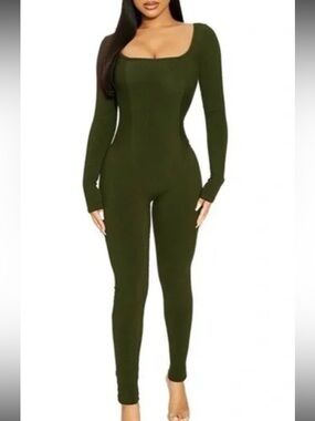 Naked Wardrobe Olive Green Long Sleeve Ribbed Jumpsuit Medium